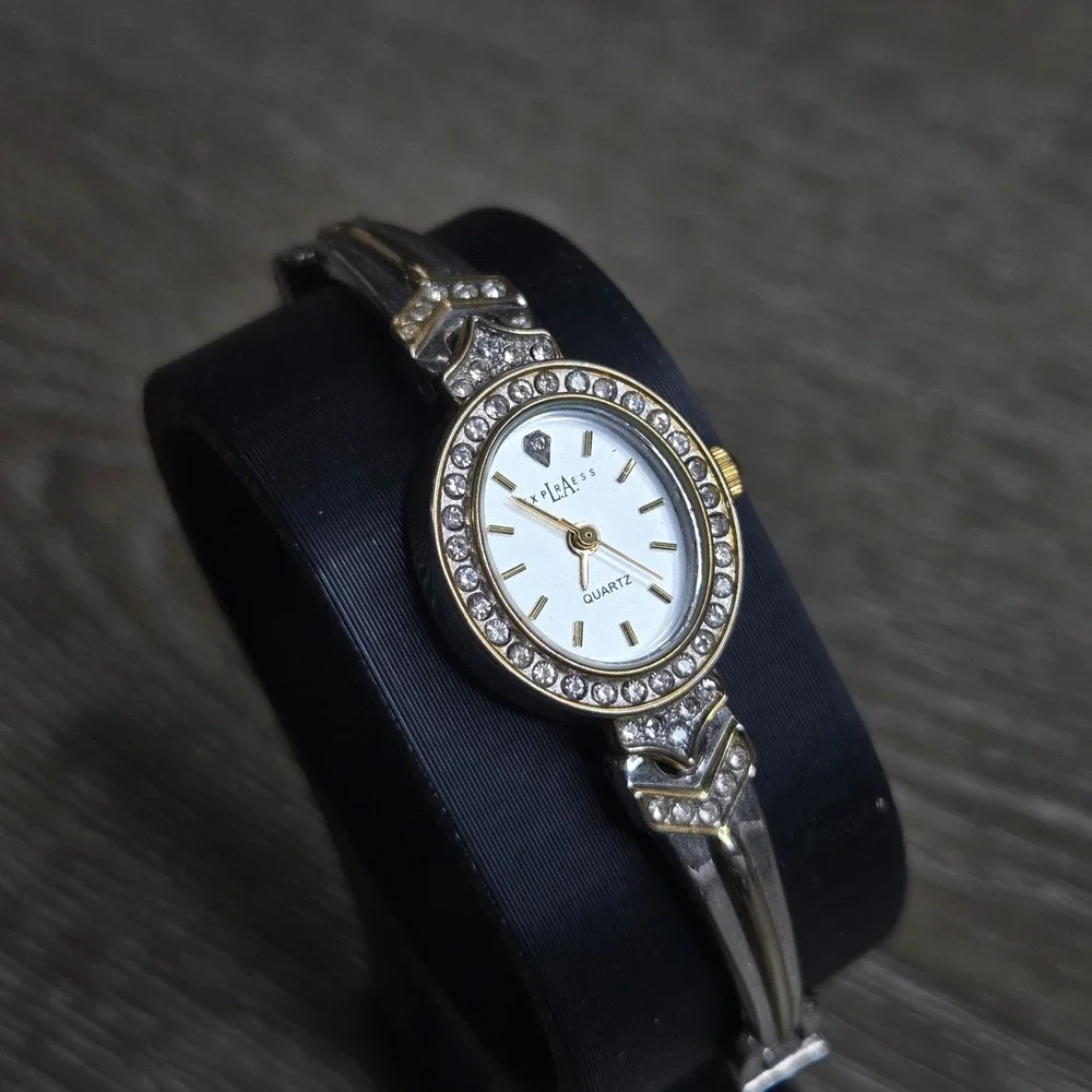 LA Express Quartz 90's Woman's Watch Two Tone Silver Gold Rhinestone Accent Ovel